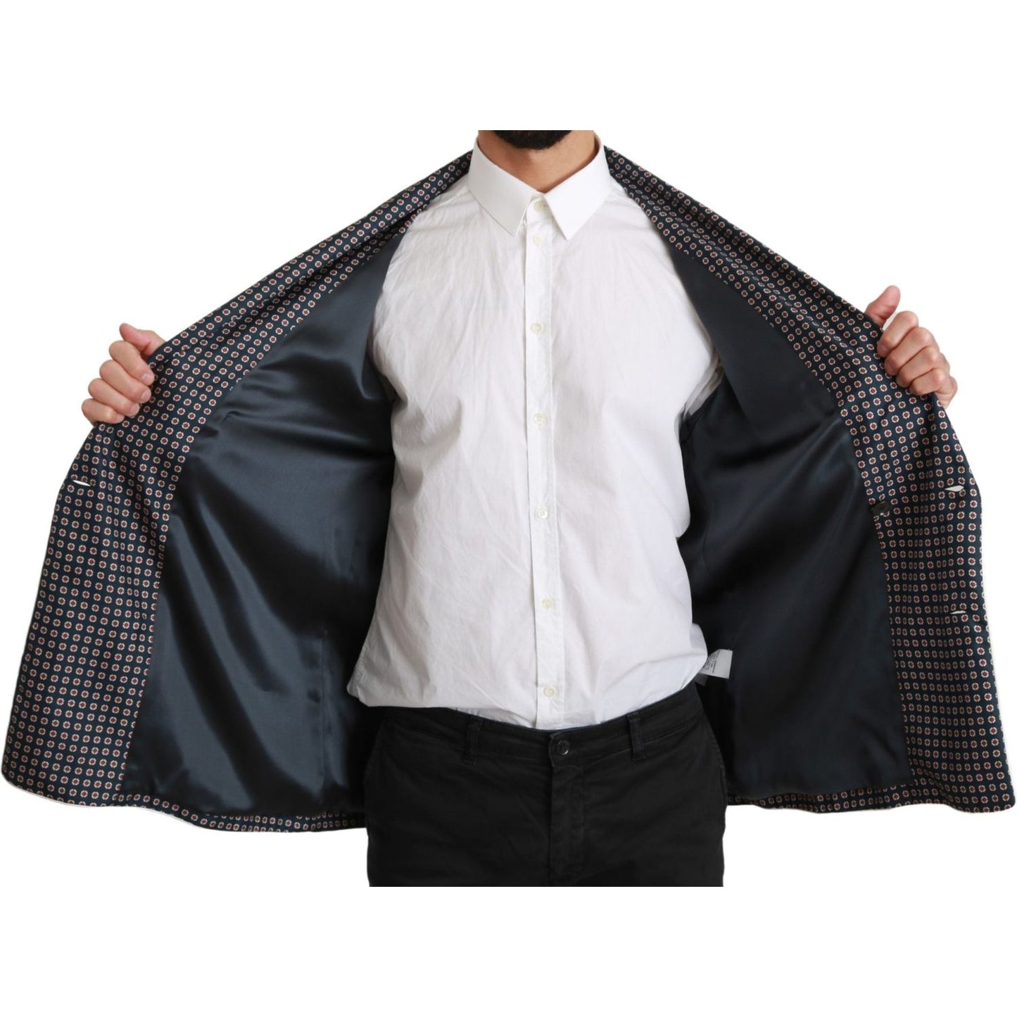 Dolce & Gabbana Navy Blue Patterned Double Breasted Coat Jacket