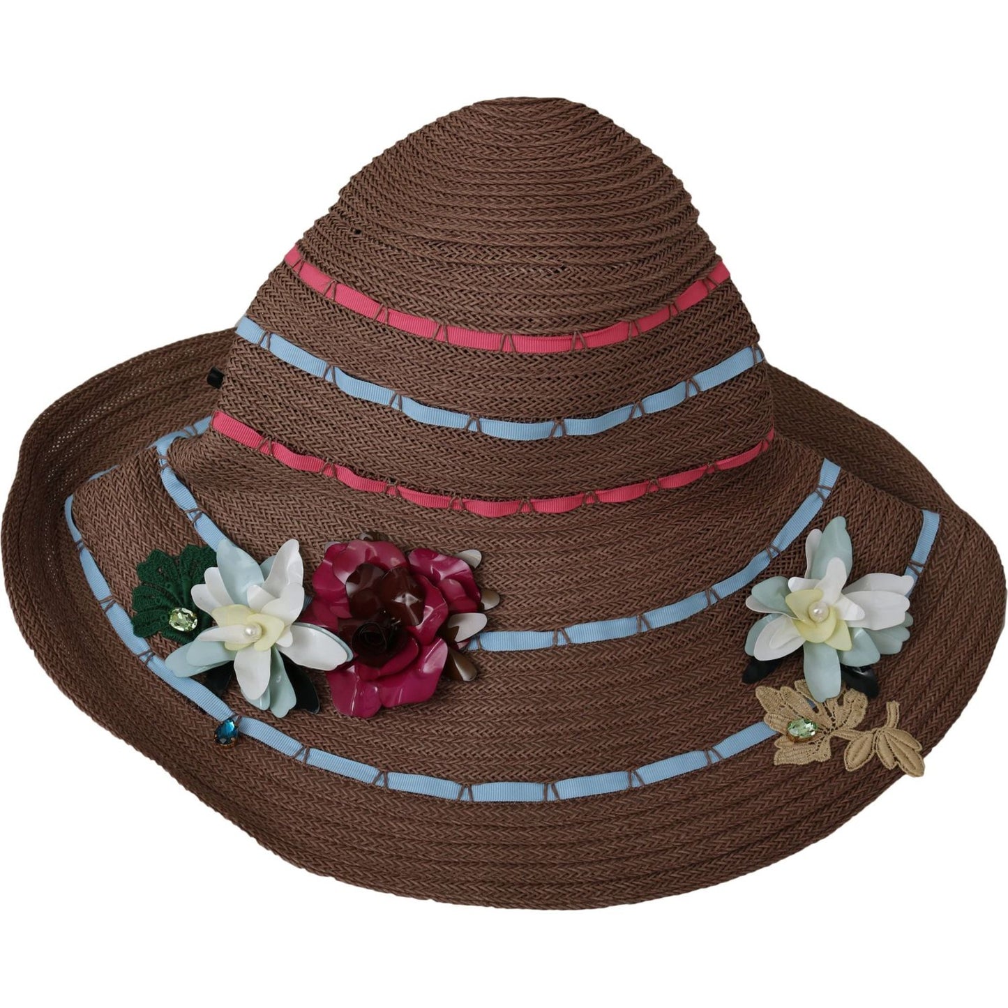 Dolce & Gabbana Brown Floral Wide Brim Straw Floppy Cap Hat Hat