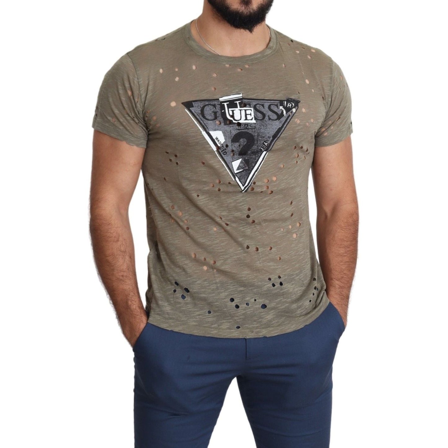 Guess Brown Cotton Stretch Logo Print Men Casual Perforated T-shirt Guess