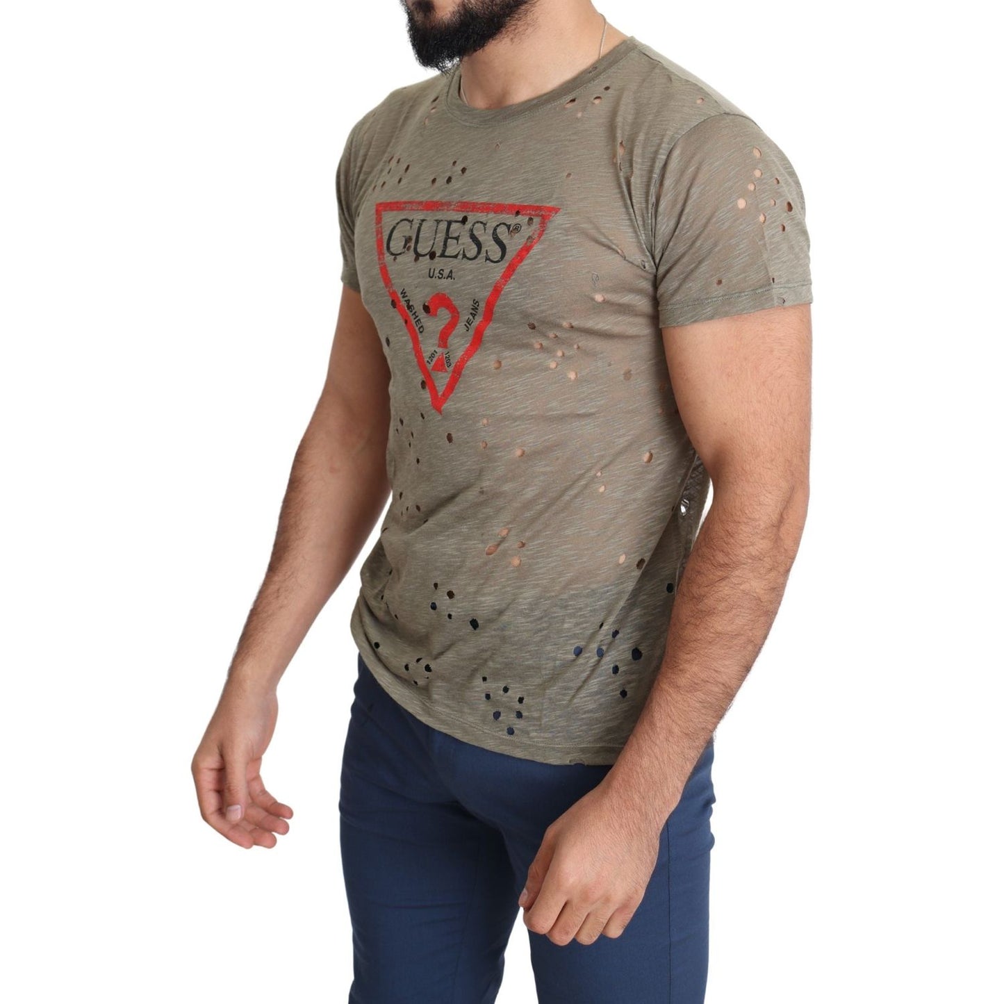 Guess Brown Cotton Stretch Logo Print Men Casual Perforated T-shirt Guess