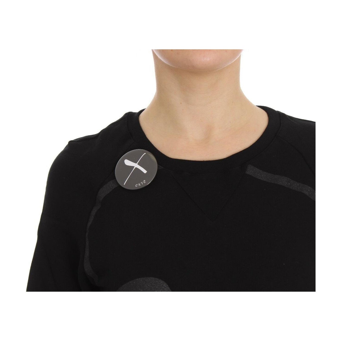 Exte Black Cotton Motive Print Crewneck Pullover Sweater Exte