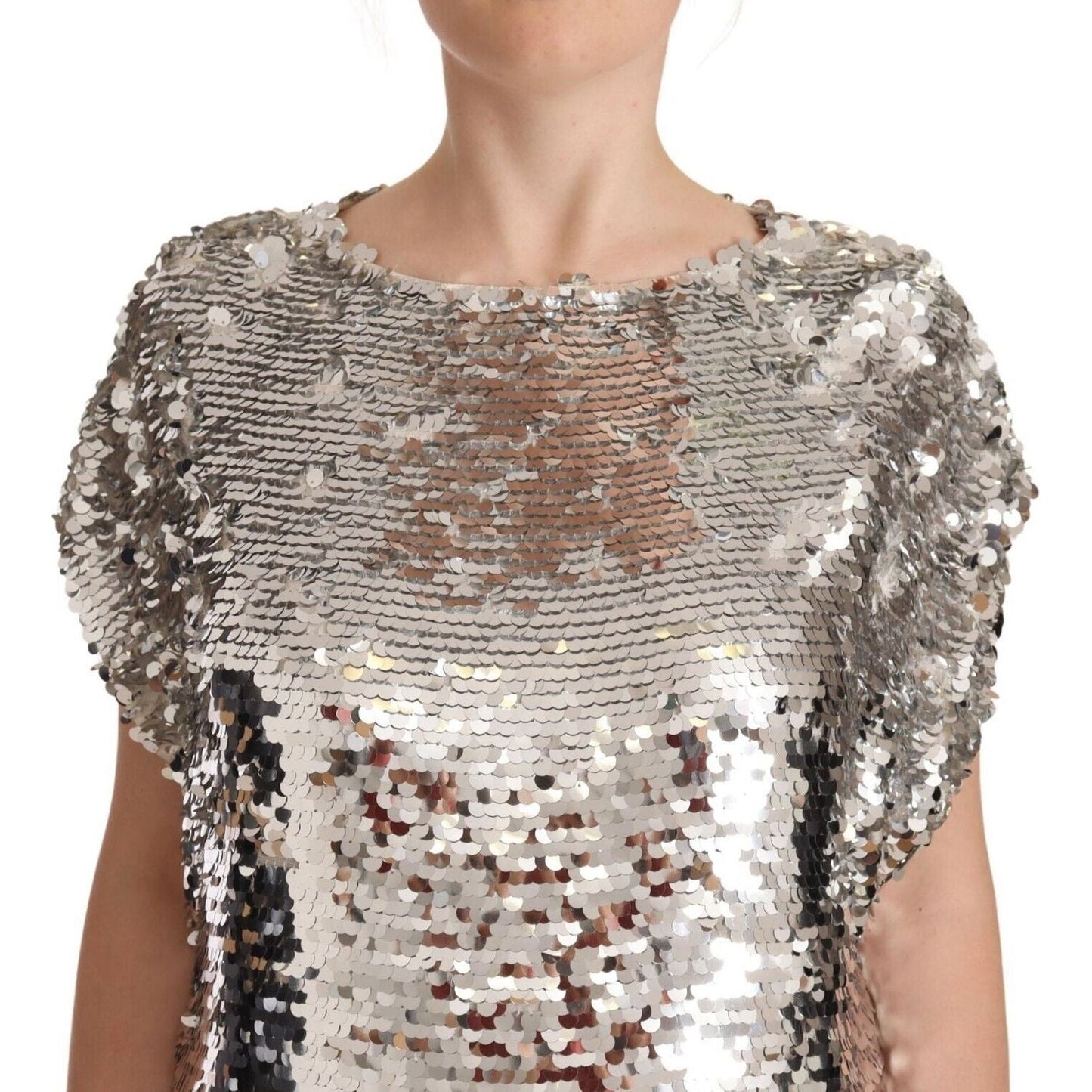 MSGM Silver Sequined Polyester Short Sleeves Shift Mini Dress MSGM