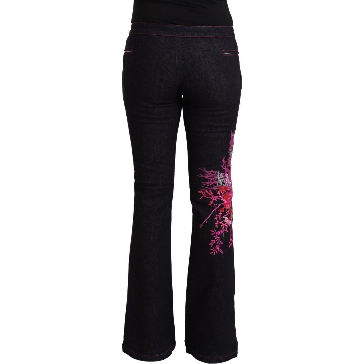 Exte Black Cotton Stretch Mid Waist Cotton Flared Denim Jeans Exte