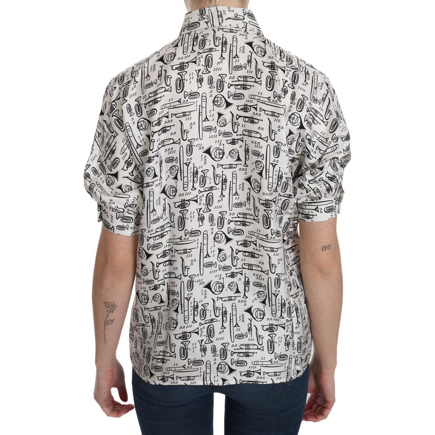 Dolce & Gabbana White Musical Instrument Collared Blouse Shirt