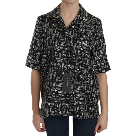 Dolce & Gabbana Black Musical Instrument Print Silk Top Dolce & Gabbana