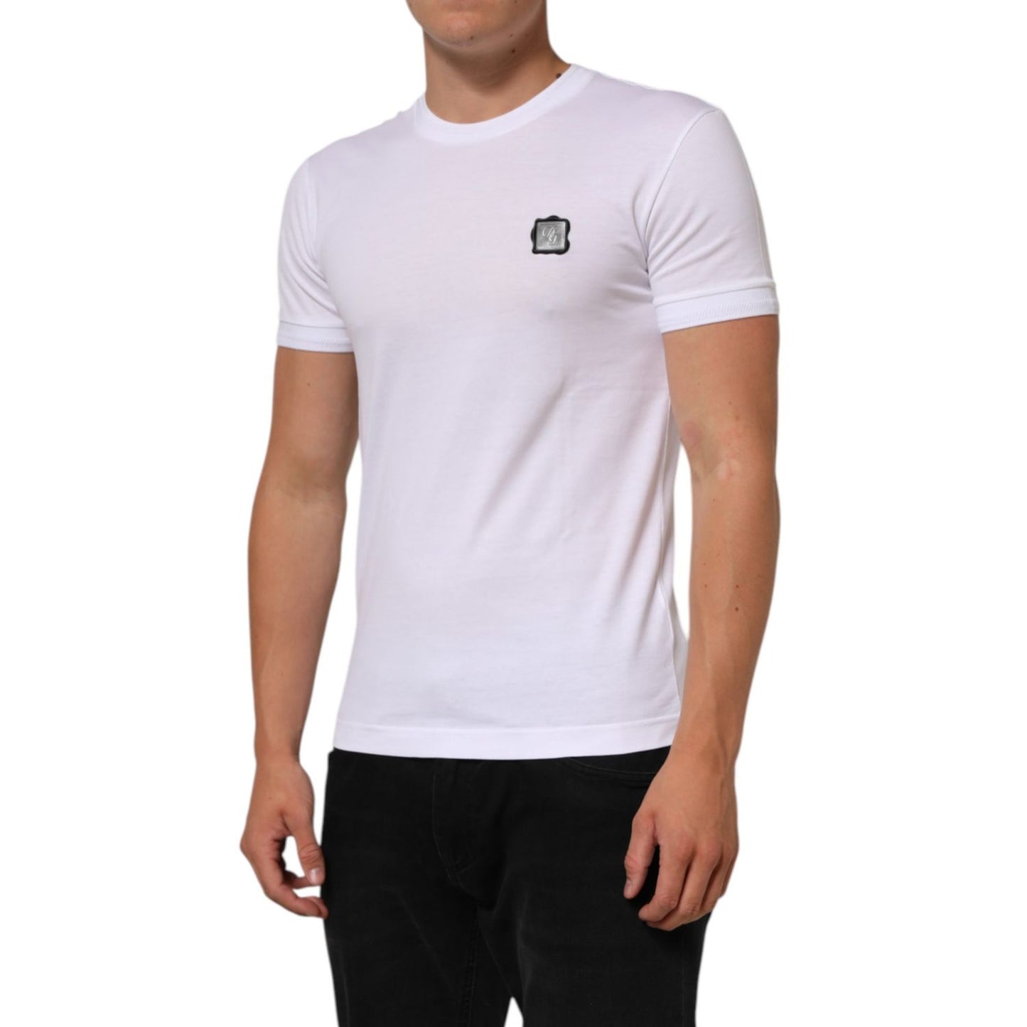 Dolce & Gabbana White Logo Patch Cotton Crew Neck T-shirt