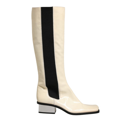 Dolce & Gabbana White Black Leather Knee High Boots Shoes