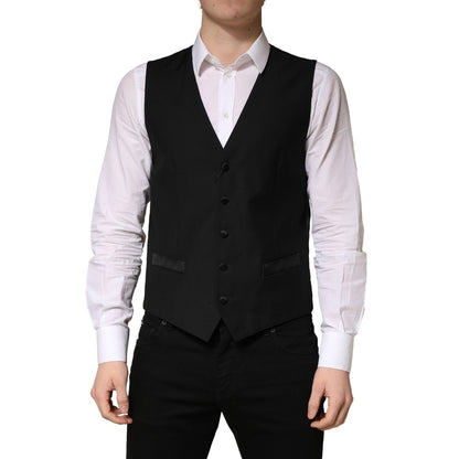 Dolce & Gabbana Black Wool Single Breasted Men Waistcoat Vest