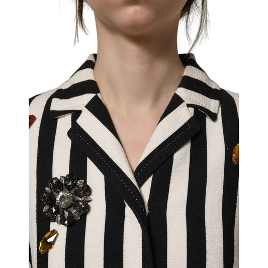 Dolce & Gabbana Black White Striped Embellished Coat Jacket