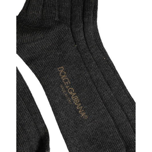 Dolce & Gabbana Dark Gray Wool Logo Calf Long Ribbed Accessory Socks