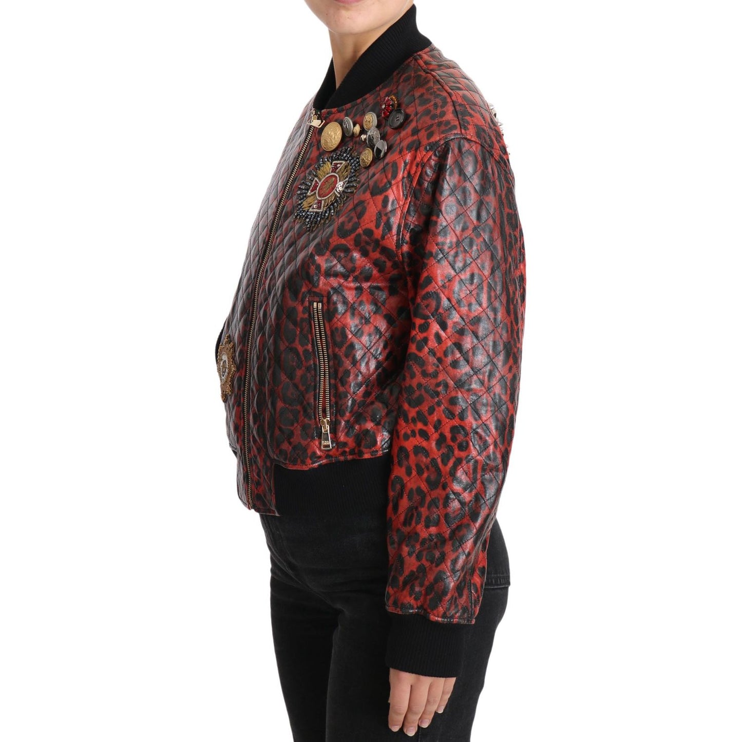 Dolce & Gabbana Red Leopard Button Crystal Leather Jacket Dolce & Gabbana