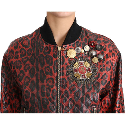 Dolce & Gabbana Red Leopard Button Crystal Leather Jacket Dolce & Gabbana