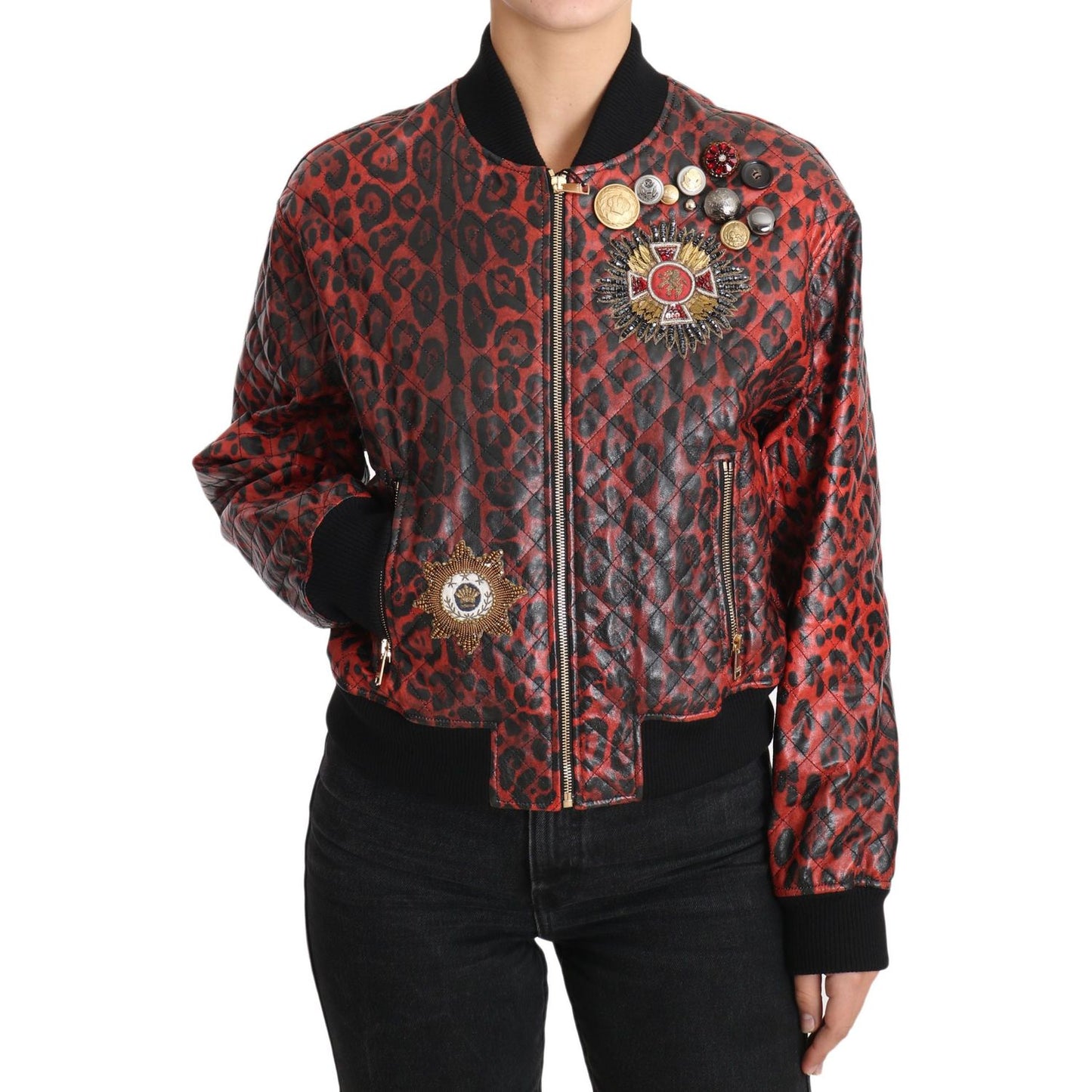 Dolce & Gabbana Red Leopard Button Crystal Leather Jacket Dolce & Gabbana