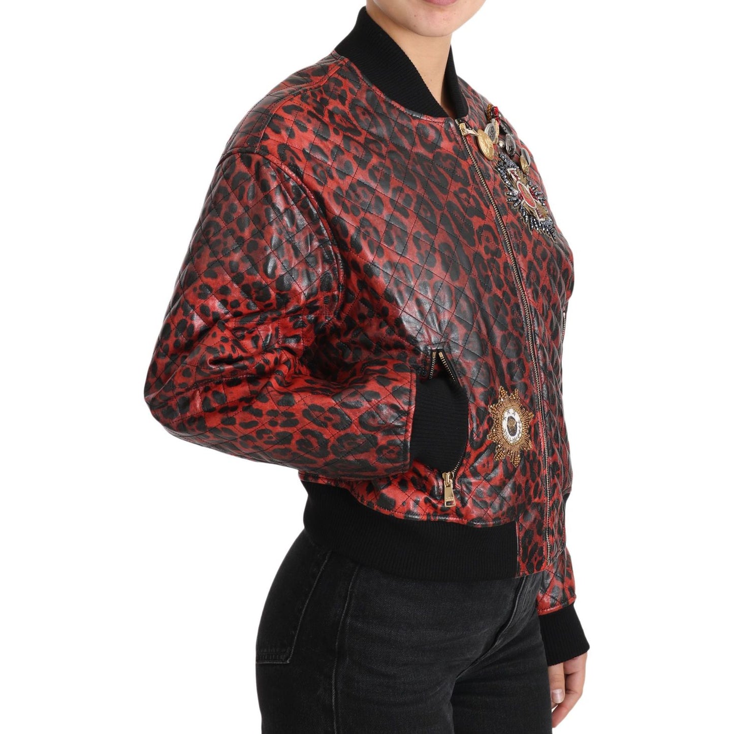Dolce & Gabbana Red Leopard Button Crystal Leather Jacket Dolce & Gabbana