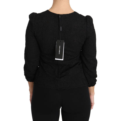 Dolce & Gabbana Black Floral Lace Zipper Top Blouse
