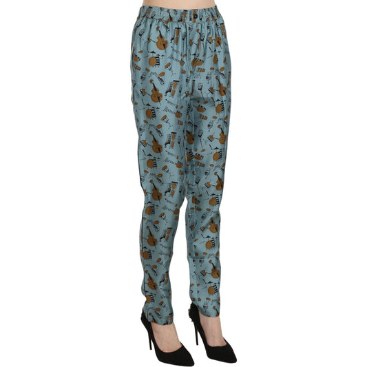 High Waist Tapered Silk Pants in Blue Print