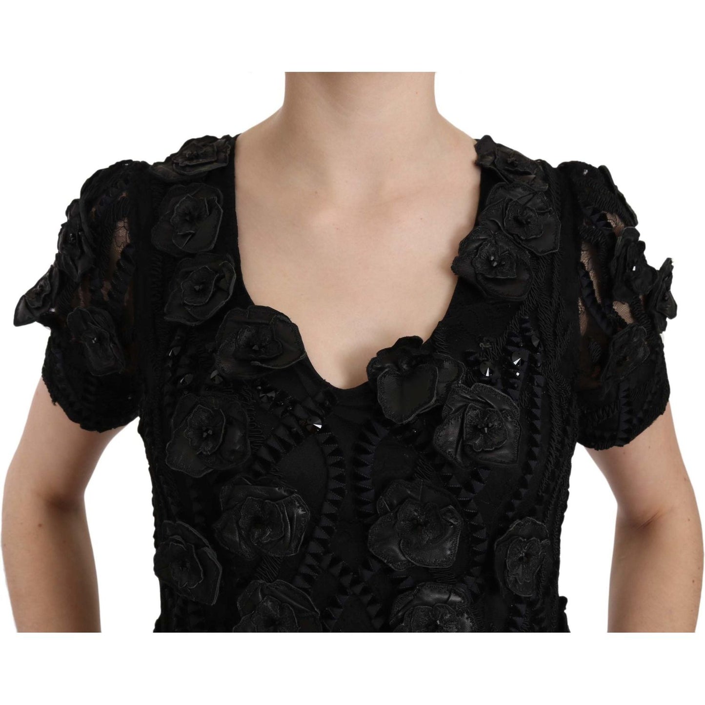 John Richmond Black Silk Leather Flowers Sheath Dress