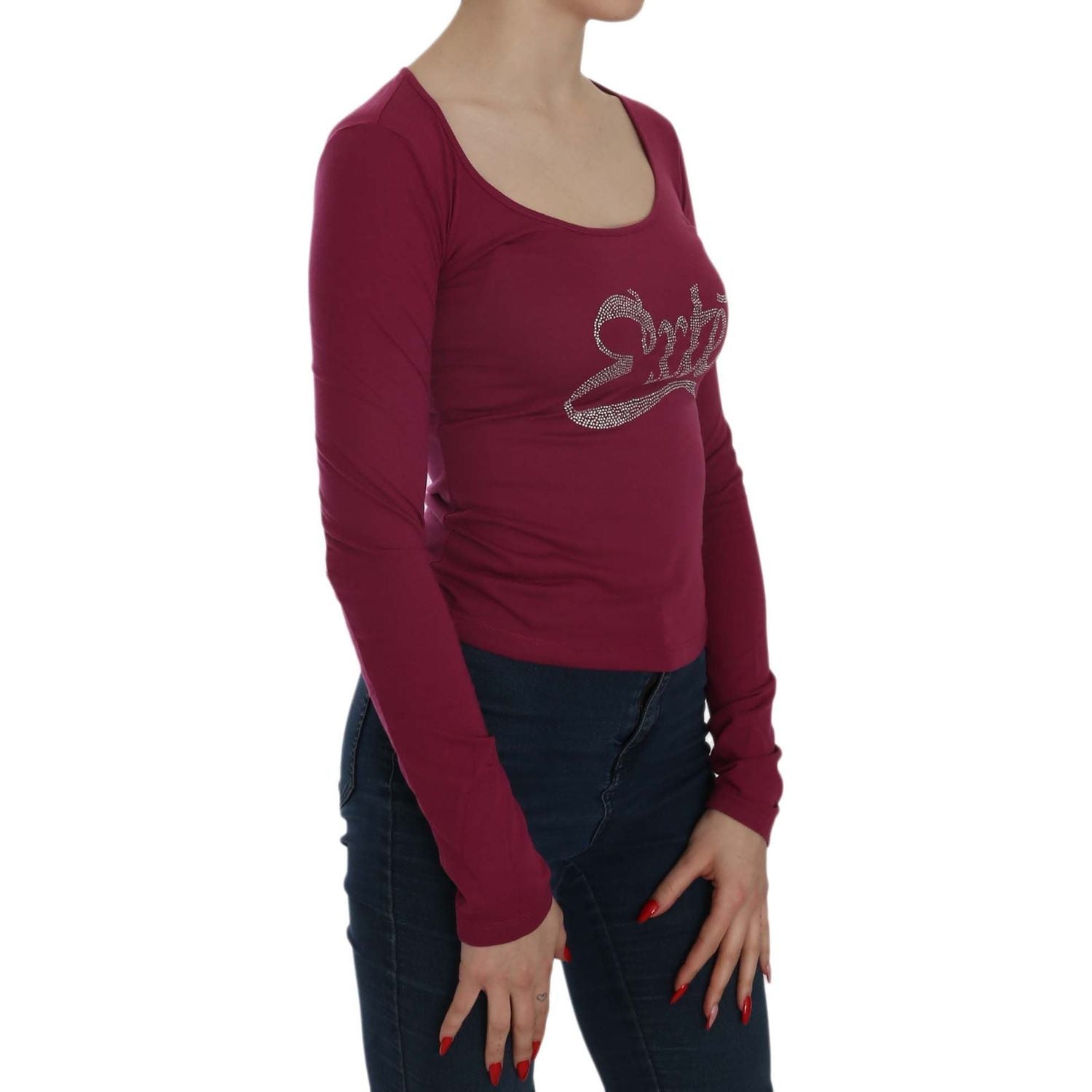 紫红色水晶缀饰 U 领衬衫