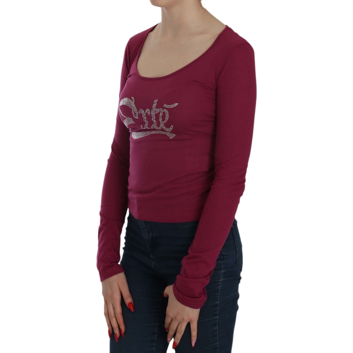 紫红色水晶缀饰 U 领衬衫