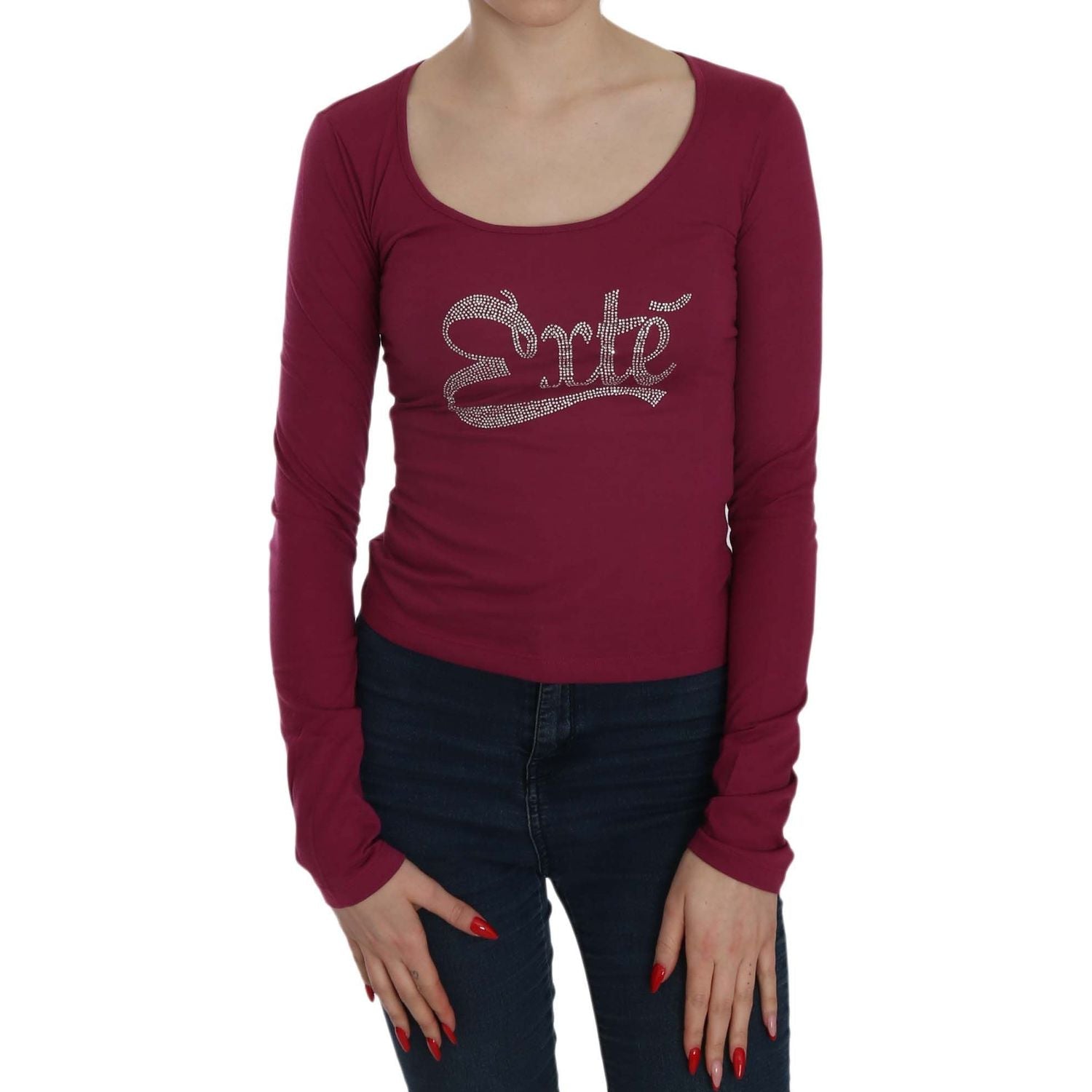 紫红色水晶缀饰 U 领衬衫