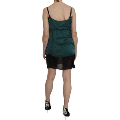 PINK MEMORIES Silk Green Spaghetti Strap Shift Mini Dress