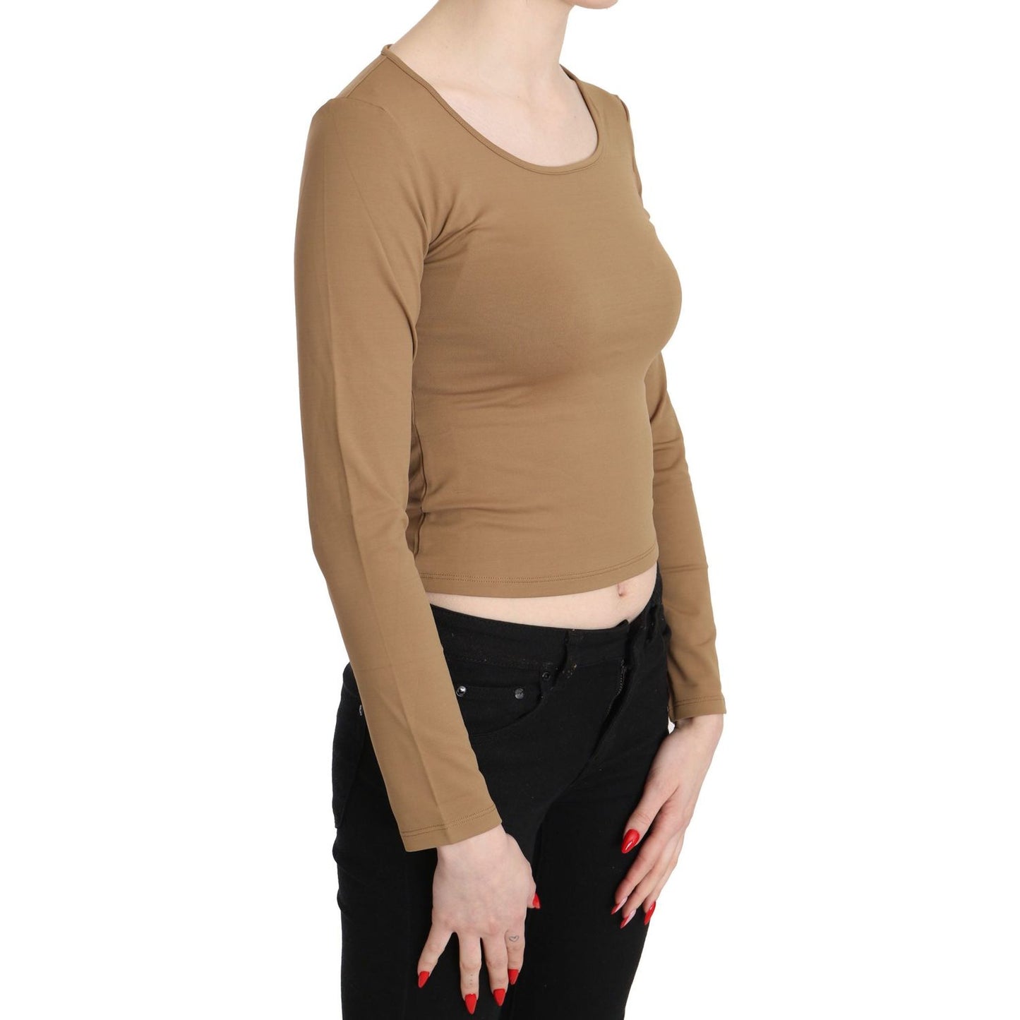 GF Ferre Elegant Brown Long Sleeve Cropped Top GF Ferre Rosy Brown