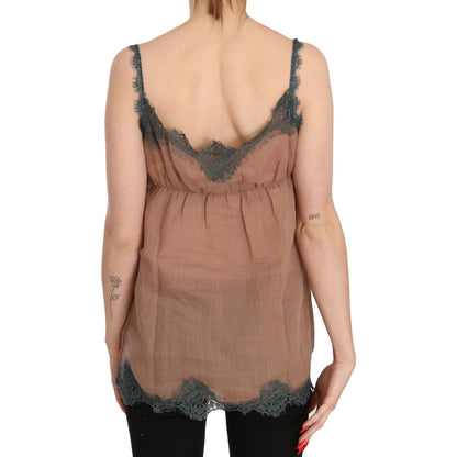 PINK MEMORIES Brown Lace Spaghetti Strap Tank Top Blouse