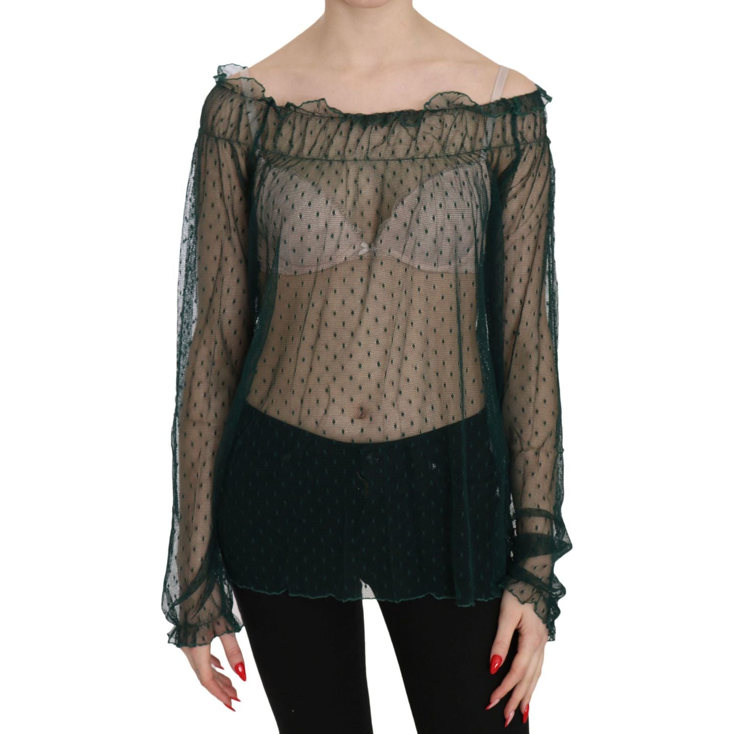 PINK MEMORIES Green Mesh See Through Long Sleeve Top Blouse