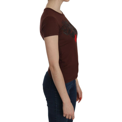 Exte Brown Heart Print Crew Neck T-shirt Short Sleeve Blouse Exte