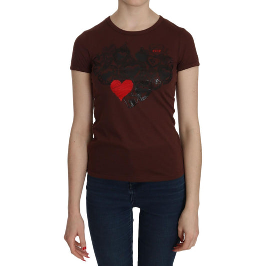 Exte Brown Heart Print Crew Neck T-shirt Short Sleeve Blouse Exte