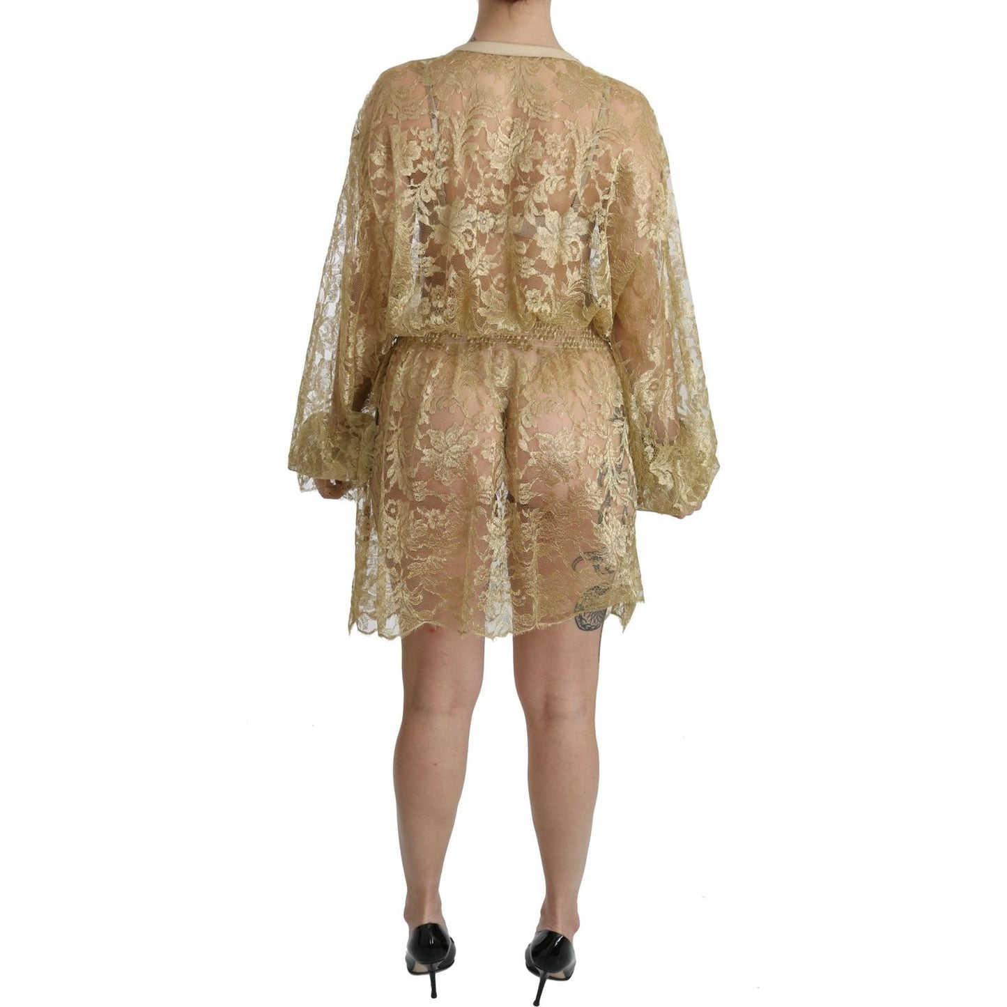 Dolce & Gabbana Elegant Gold Lace A-Line Knee Length Dress Dolce & Gabbana