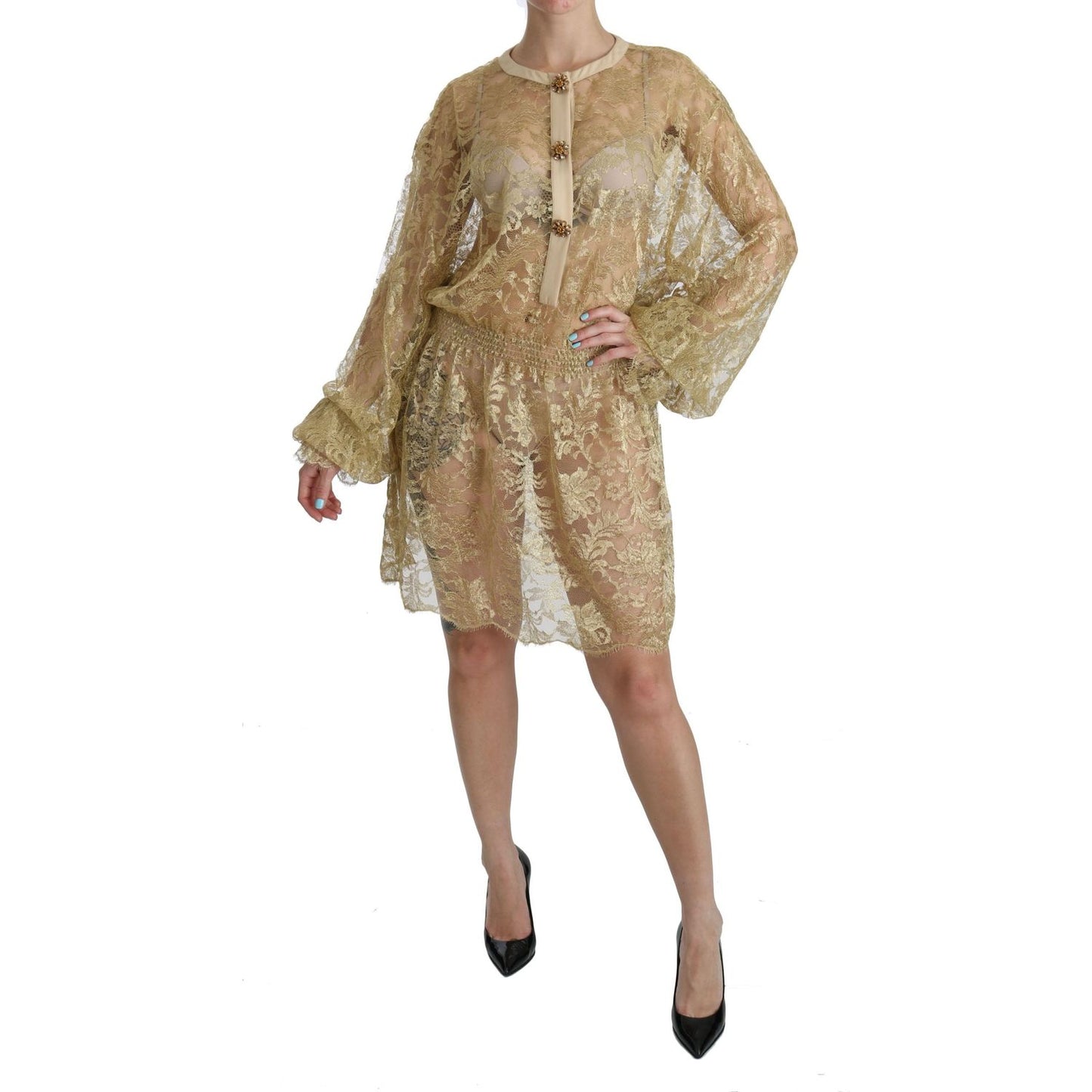 Dolce & Gabbana Elegant Gold Lace A-Line Knee Length Dress Dolce & Gabbana