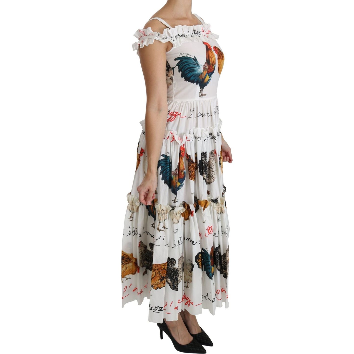 Dolce & Gabbana Elegant White Rooster Print Sheath Midi Dress Dolce & Gabbana