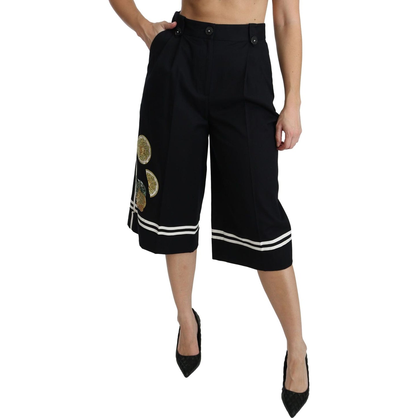 Dolce & Gabbana High Waist Palazzo Cropped Pants in Black Lemon Dolce & Gabbana