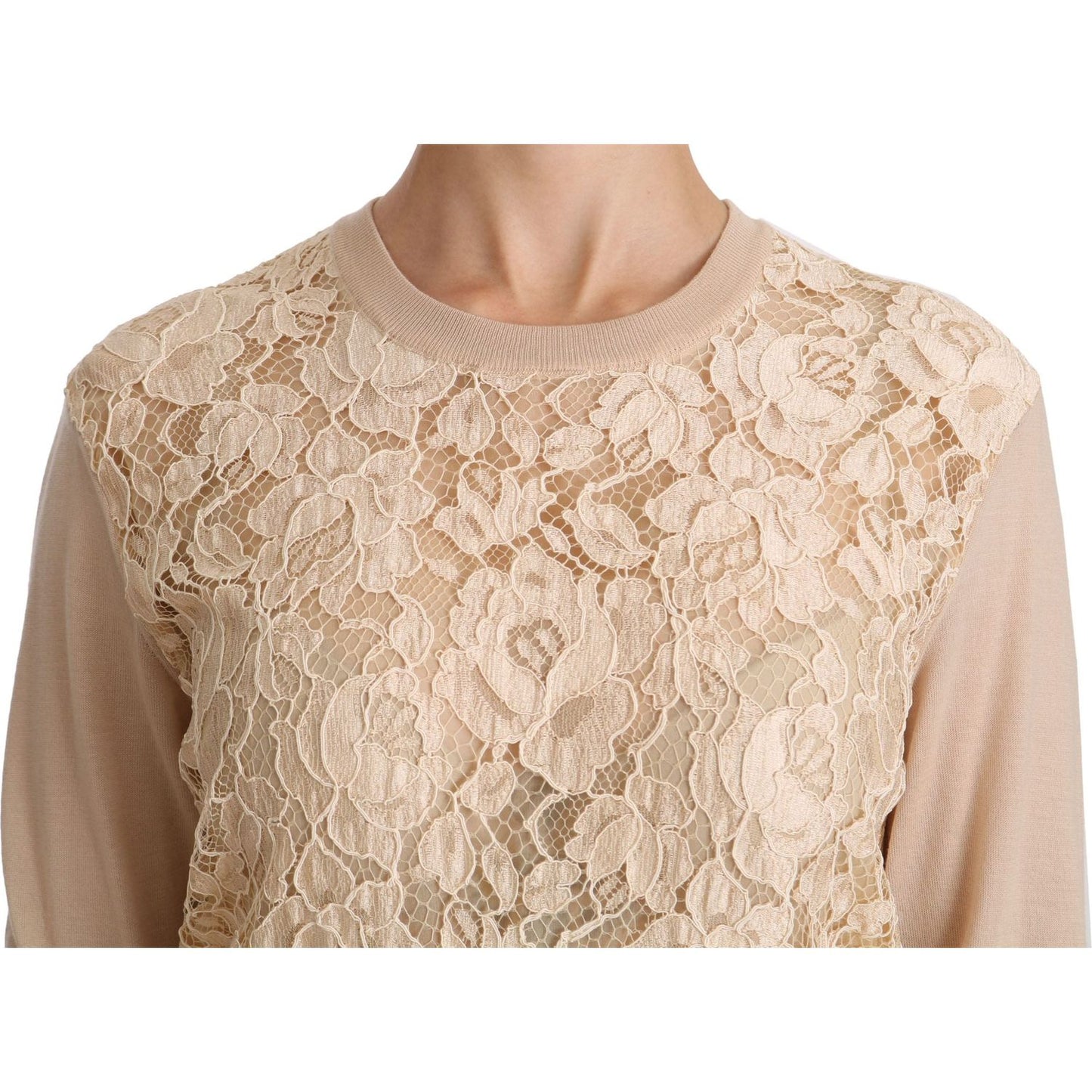 Dolce & Gabbana Elegant Beige Lace Crew Neck Cashmere Blouse Dolce & Gabbana