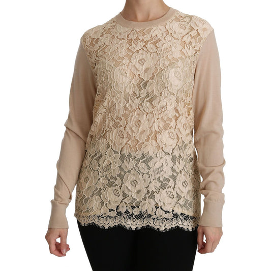 Dolce & Gabbana Elegant Beige Lace Crew Neck Cashmere Blouse Dolce & Gabbana