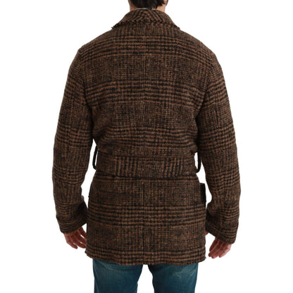 Dolce & Gabbana Brown Checkered Wool Robe Coat Wrap Jacket