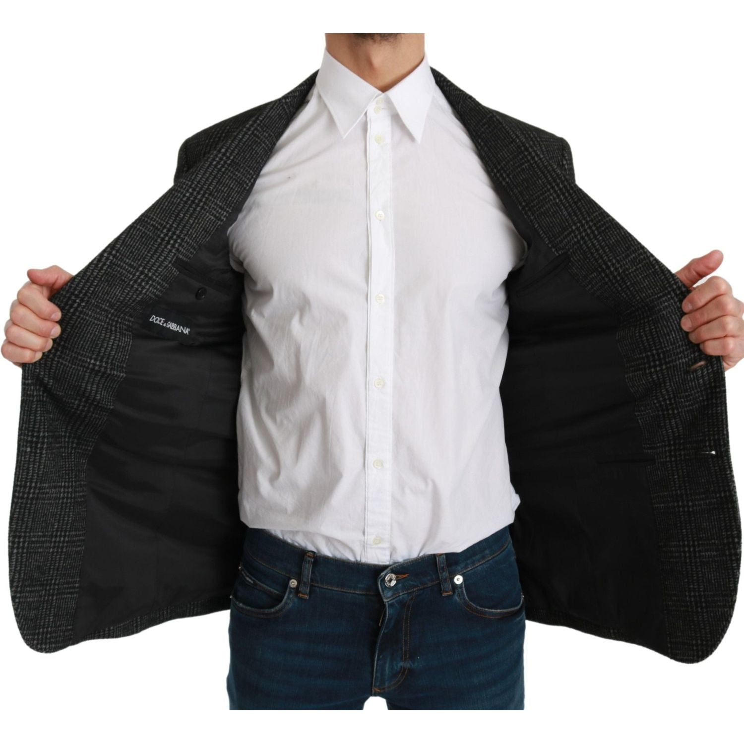 优雅灰色格子修身西装外套