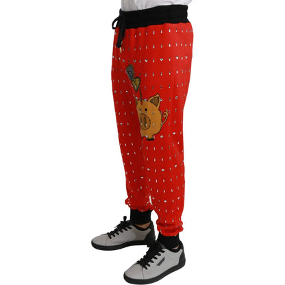 Dolce & Gabbana Red Piggy Bank Cotton Crystal Trousers Pants Dolce & Gabbana