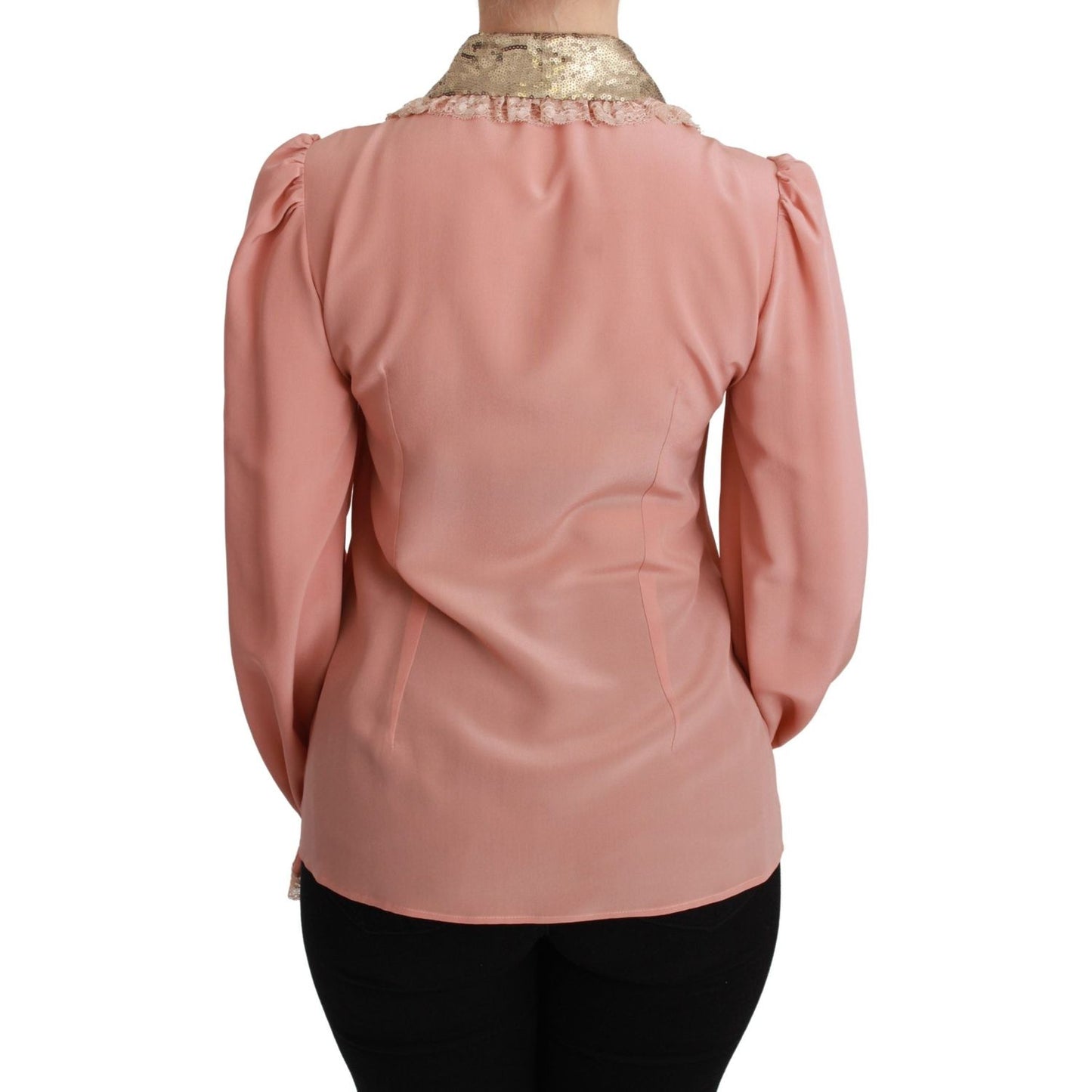 Dolce & Gabbana Elegant Pink Lace Silk Blouse with Gold Sequins Dolce & Gabbana