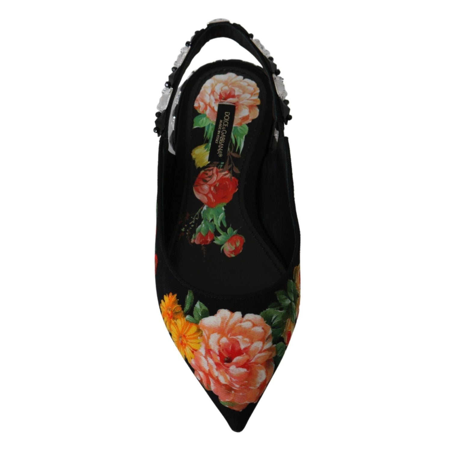 Dolce & Gabbana Black Floral Crystal Slingbacks Flats Shoes