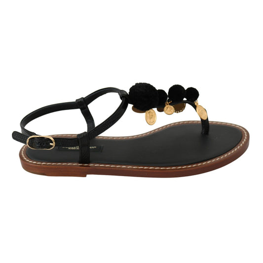 Dolce & Gabbana Black Leather Coins Flip Flops Sandals Shoes Dolce & Gabbana