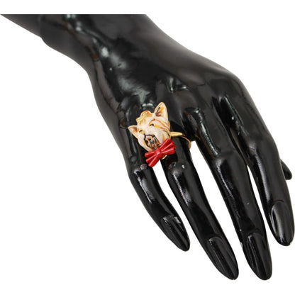 Dolce & Gabbana Gold Brass Resin Beige Dog Pet Branded Accessory Ring