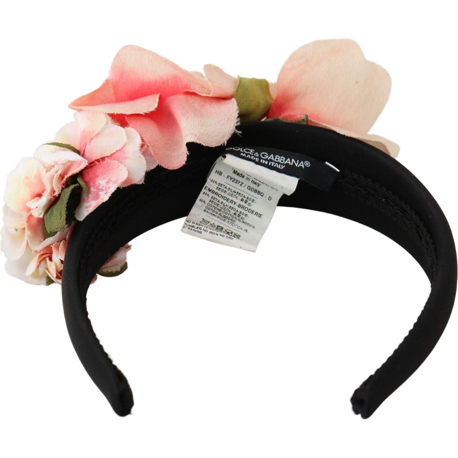 Dolce & Gabbana Pink Silk Black Floral Headband Logo Diadem