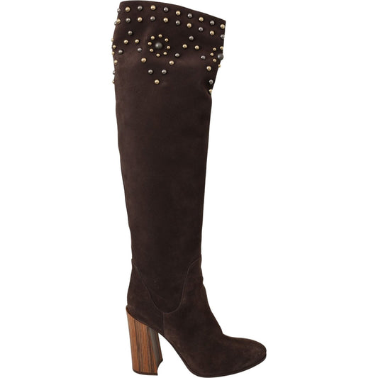 Dolce & Gabbana Brown Suede Studded Knee High Shoes Boots Dolce & Gabbana