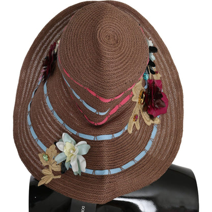 Dolce & Gabbana Brown Floral Wide Brim Straw Floppy Cap Hat Hat