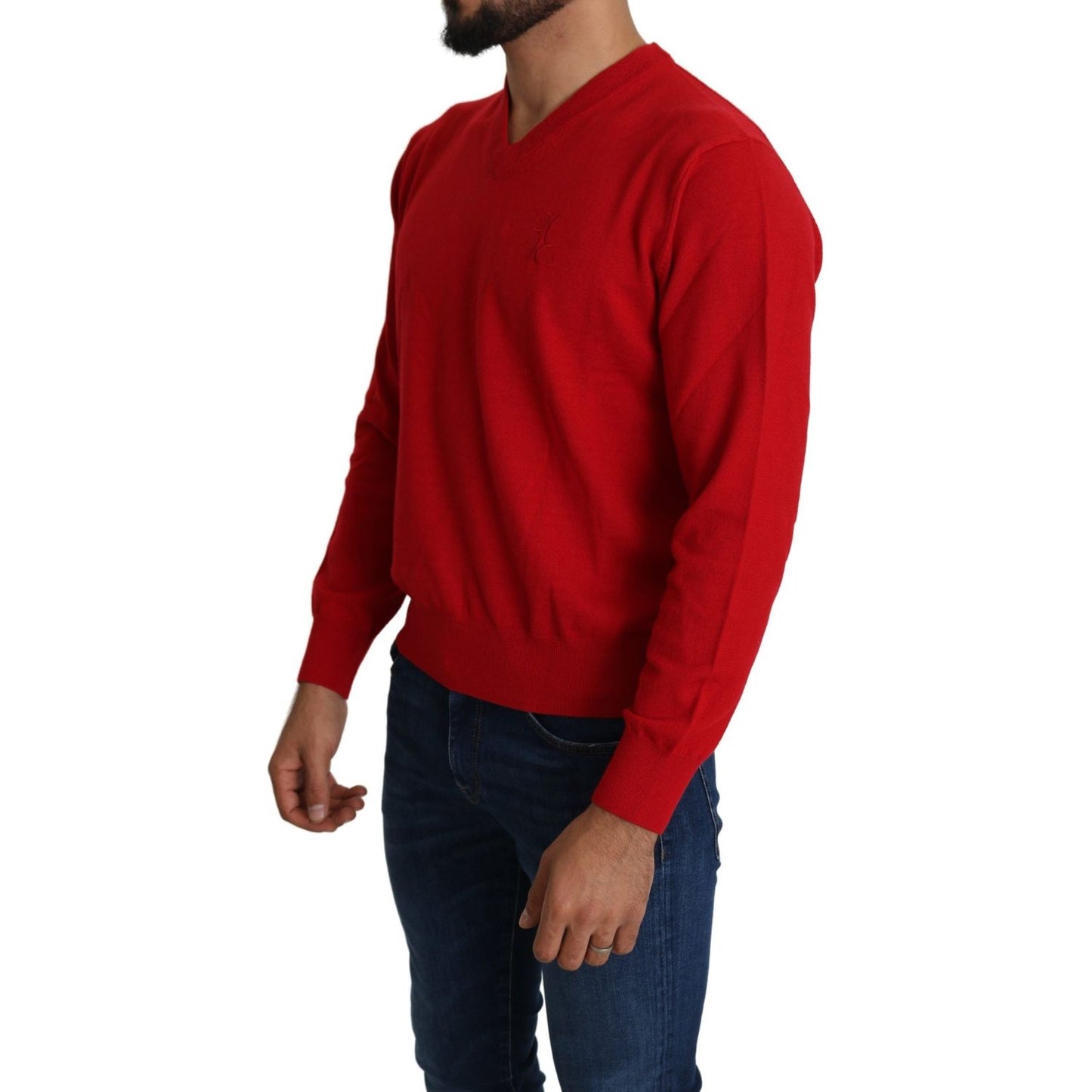 Billionaire Italian Couture Red V-neck Wool Sweatshirt Pullover Sweater Billionaire Italian Couture