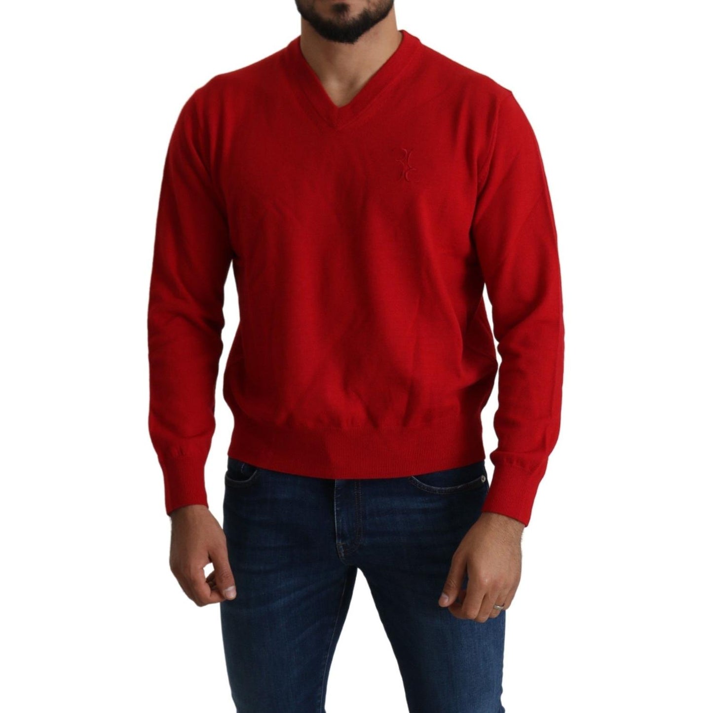 Billionaire Italian Couture Red V-neck Wool Sweatshirt Pullover Sweater Billionaire Italian Couture