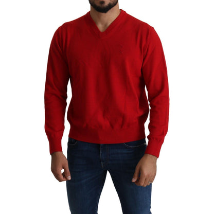 Billionaire Italian Couture Red V-neck Wool Sweatshirt Pullover Sweater Billionaire Italian Couture