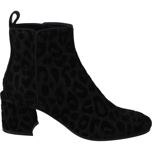 Dolce & Gabbana Black Leopard Short Boots Zipper Shoes Dolce & Gabbana